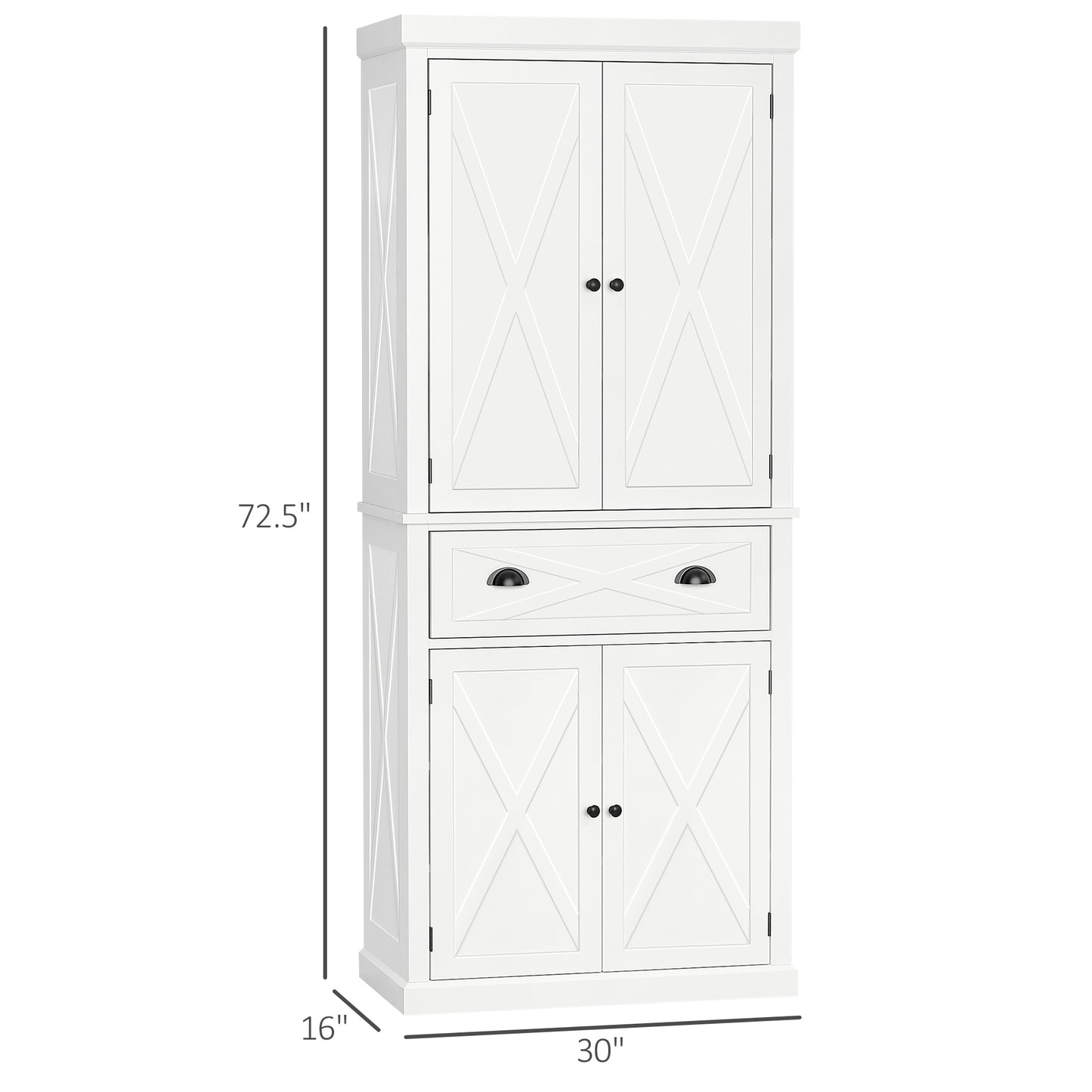 HOMCOM 72.5" Kitchen Pantry Cabinet, Freestanding Storage Cabinet with 4 Doors, Drawer and Adjustable Shelves, Black