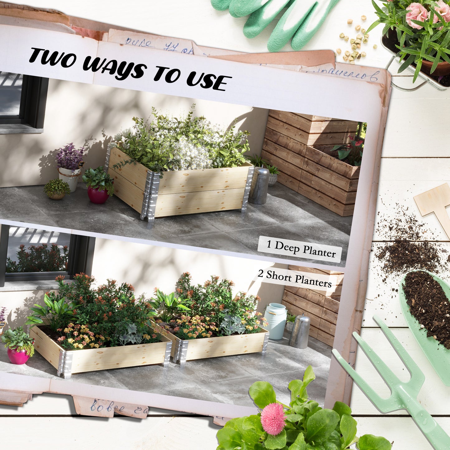 Outsunny Raised Garden Bed, Foldable Two-Box Wooden Planters for Outdoor Vegetables, Flowers, Herbs, Plants, Easy Assembly