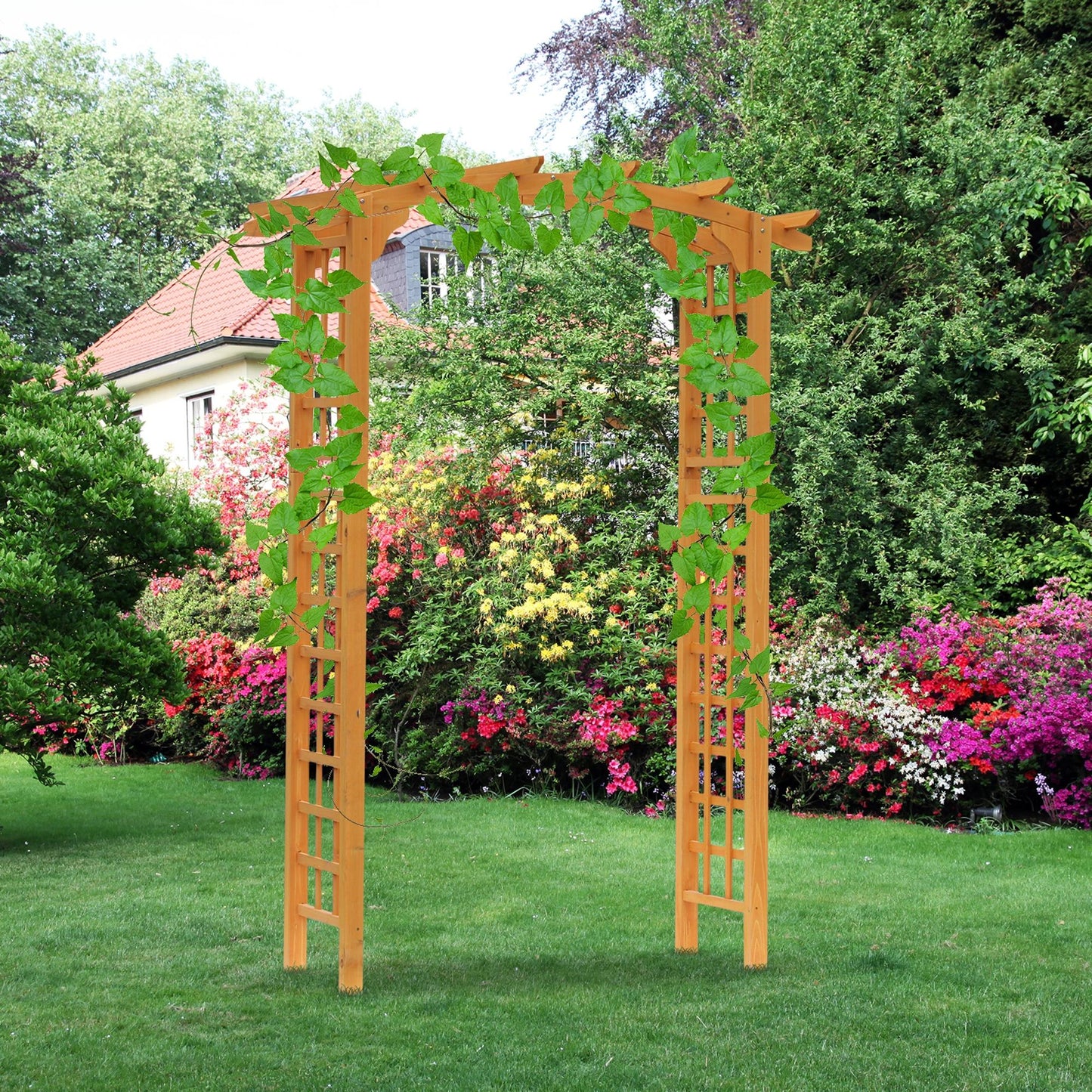 Outsunny 7.5FT Wood Garden Arch Trellis, Outdoor Walkway Round Pergola Style Arbor for Decorative Climbing Plants, Patio, Lawn, Backyard Party, Ceremony Decoration Accessories, Yellow