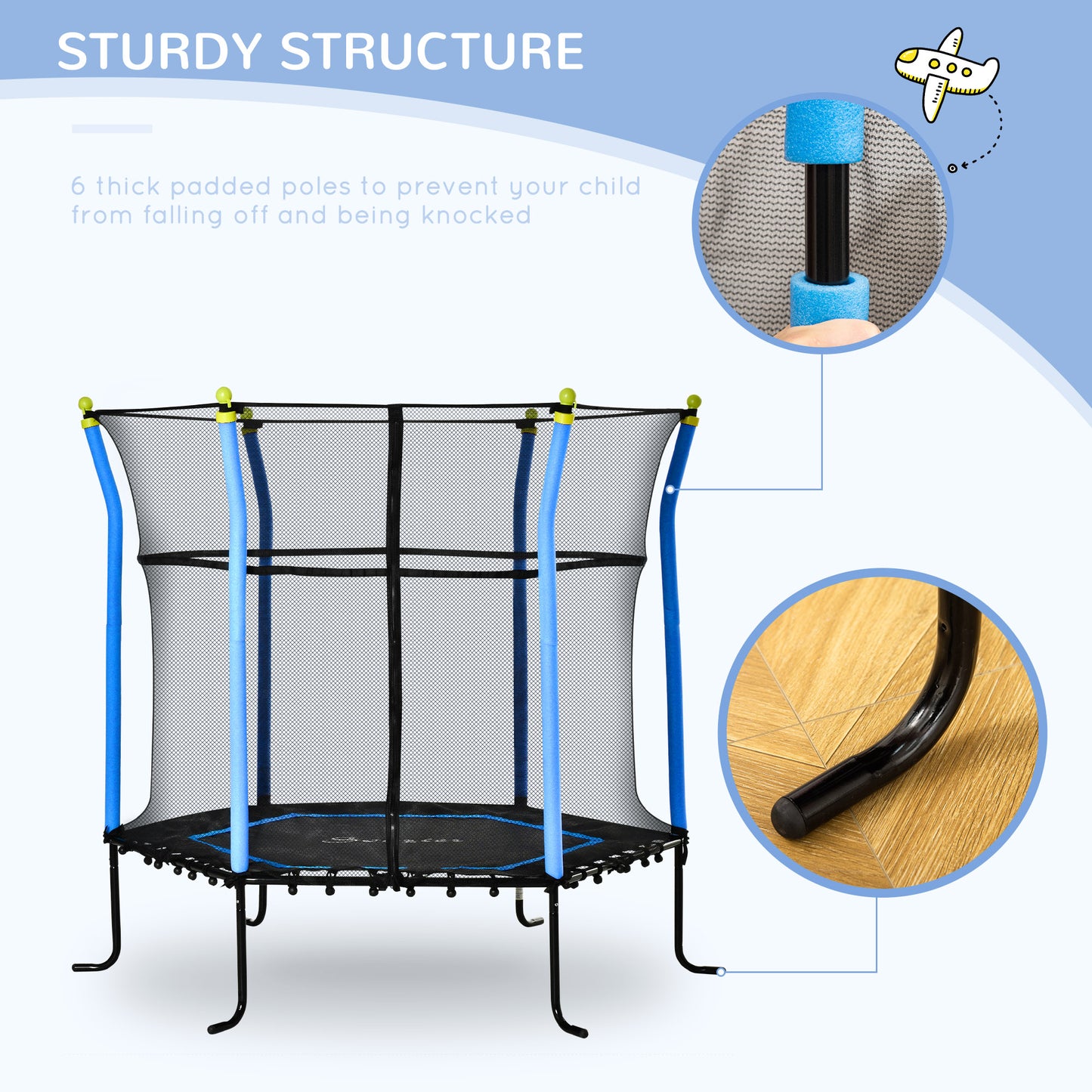 Soozier 64" Kids Trampoline Mini Indoor/Outdoor Bouncer Jumper with Enclosure Net Elastic Thick Padded Pole Gift for Child Toddler Age 3-10 Years Old Blue