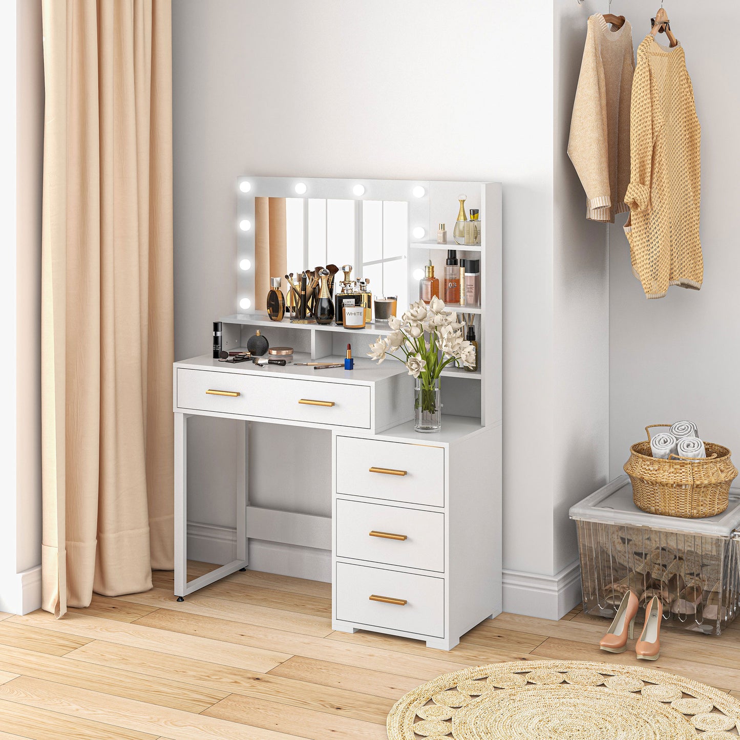 HOMCOM Illuminated Dresssing Table, LED Vanity Table with Mirror, Drawer and Storage Shelves for Bedroom, White