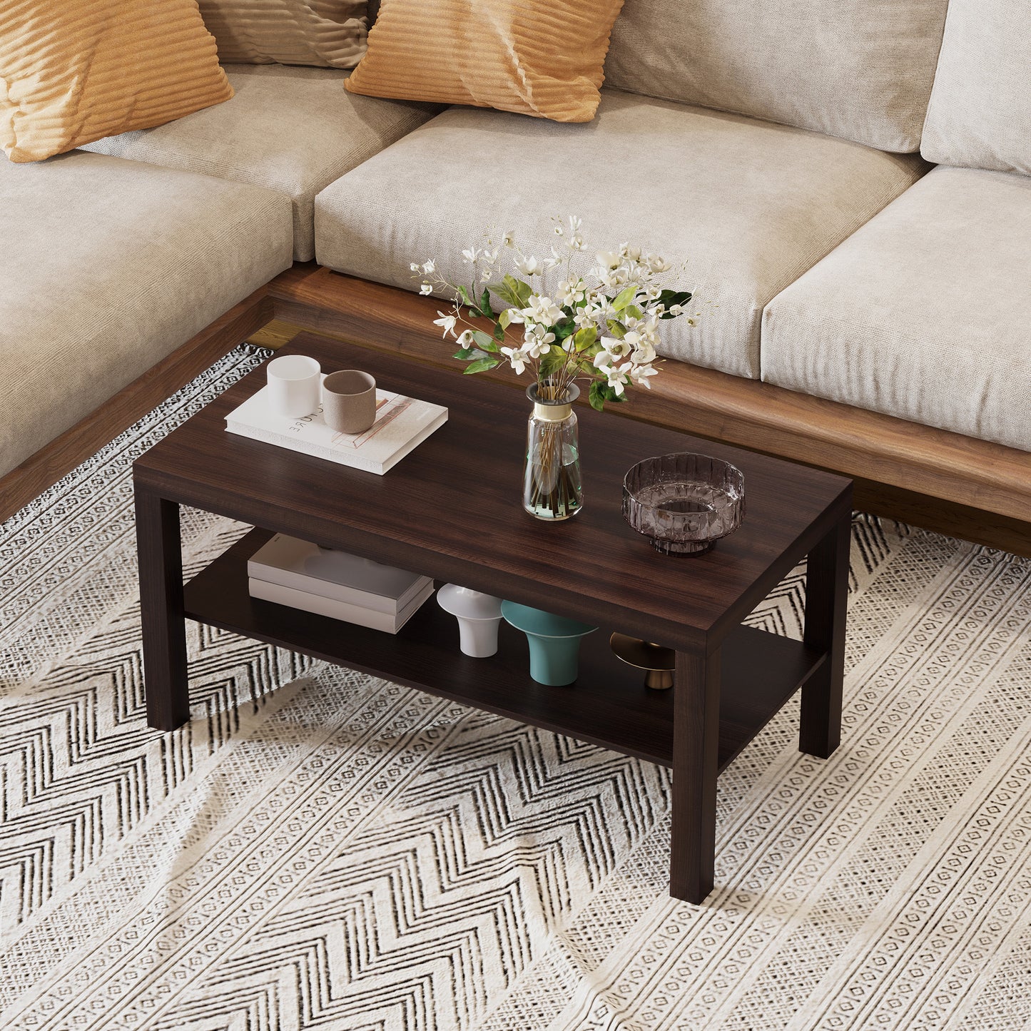 HOMCOM 2 Tier Coffee Table with Storage Shelf, Rectangular Center Table for Living Room, Home Office Furniture Walnut