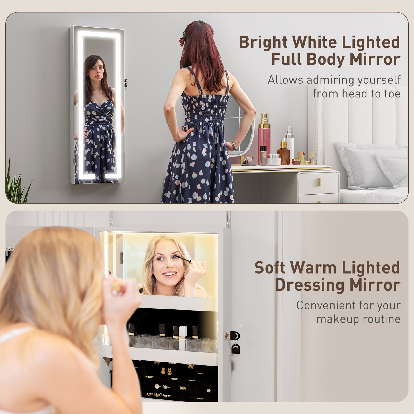 HOMCOM LED Lighted Jewelry Armoire with Mirror Jewelry Cabinet with Storage Lockable Door/Wall Mounted Jewelry Organizer, White