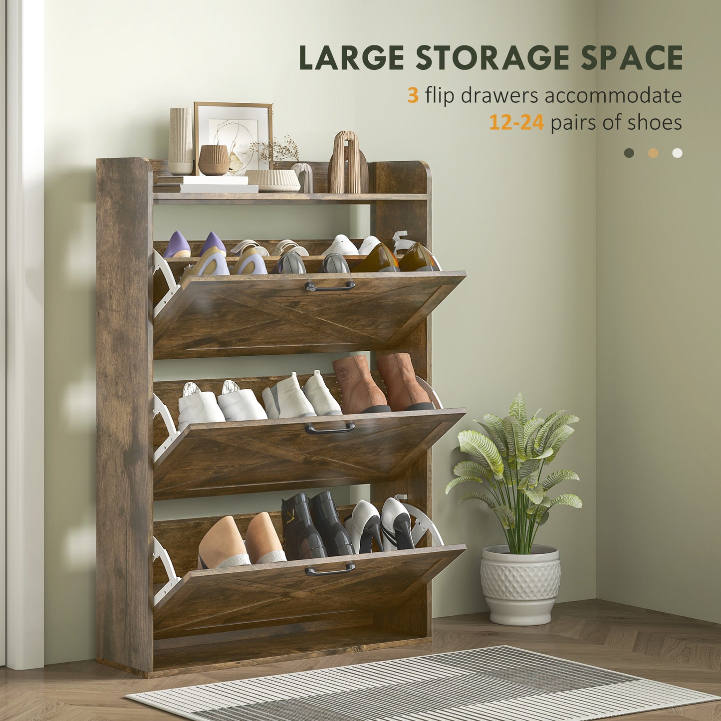 HOMCOM Narrow Shoe Storage Cabinet Farmhouse Shoe Cabinet with 3 Flip Drawers Adjustable Shelves for Entryway Rustic Brown