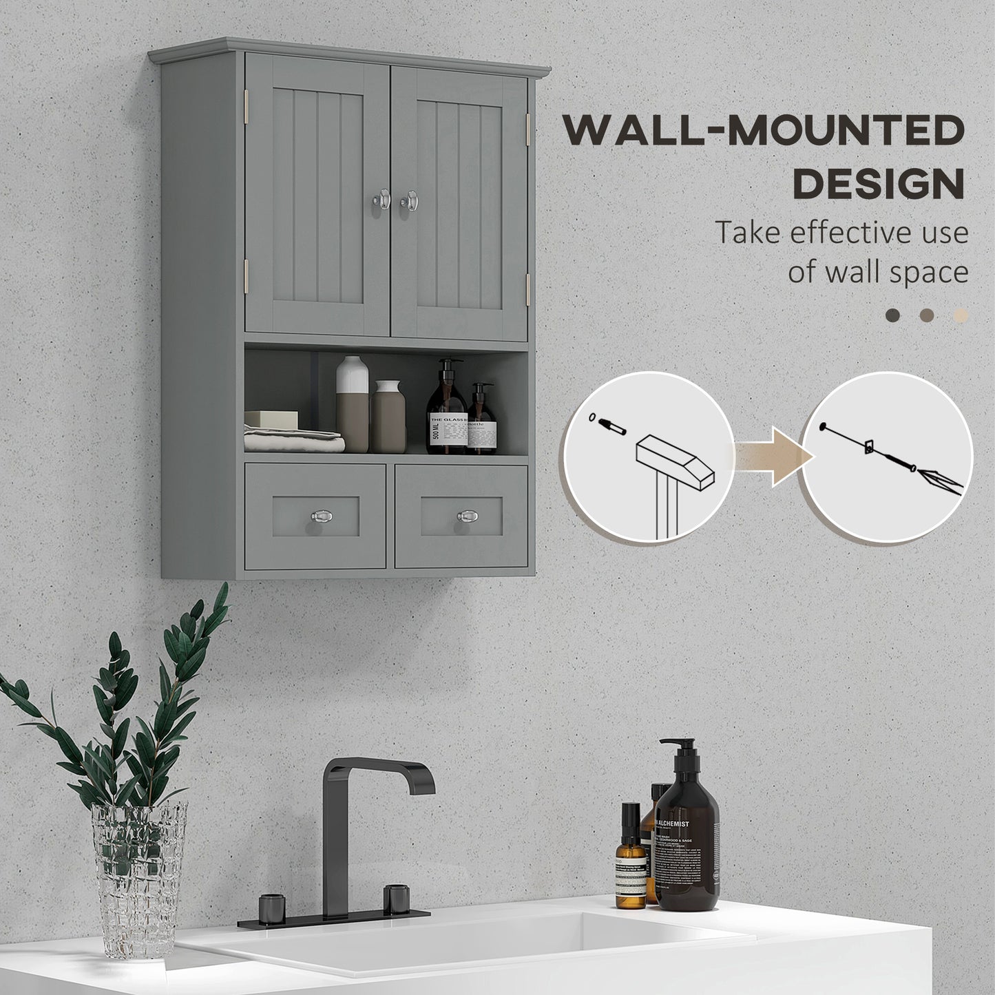 kleankin Bathroom Wall Cabinet, Medicine Cabinet, Over Toilet Storage Cabinet with Shelf and Drawers for Hallway, Living Room, White