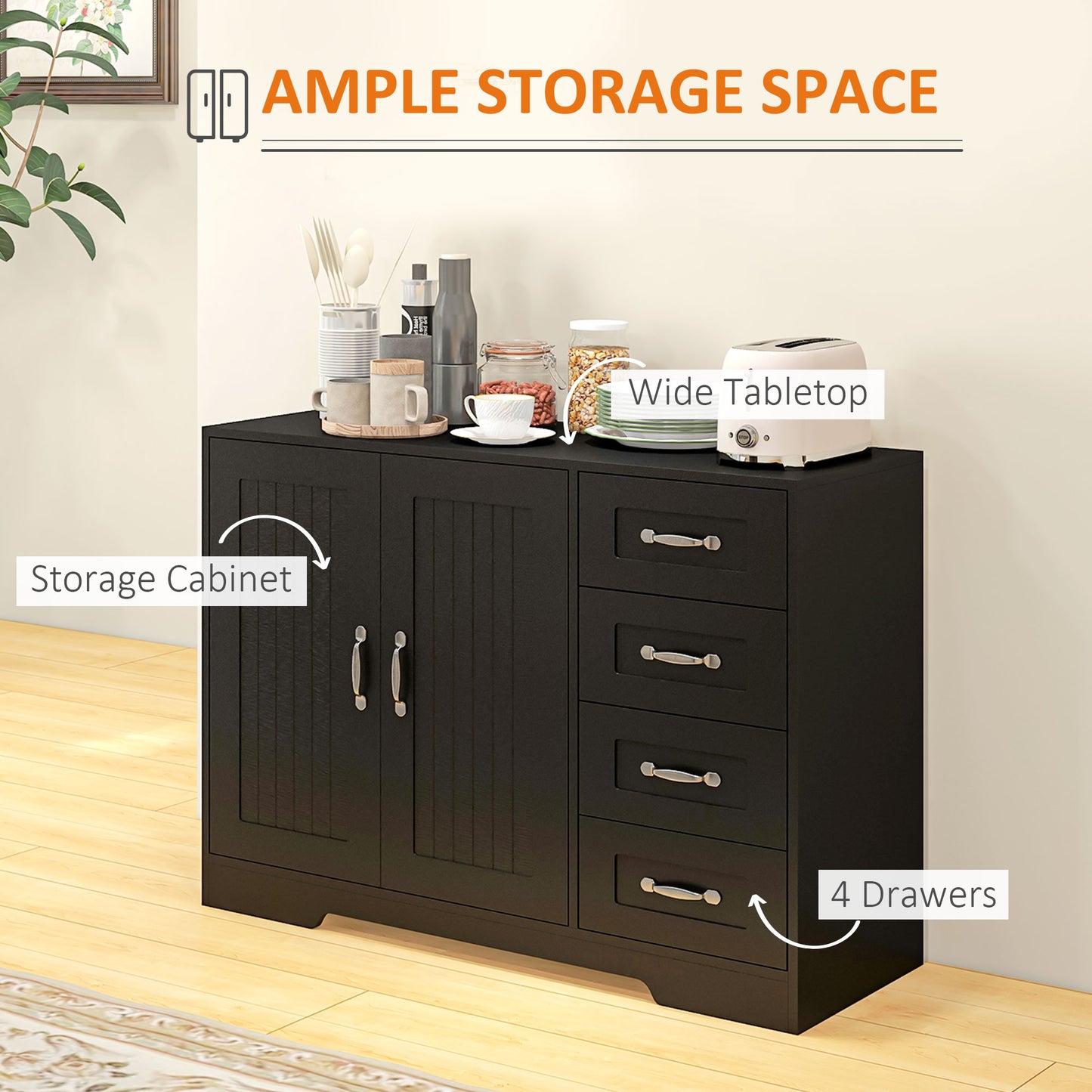 HOMCOM Modern Sideboard Buffet Cabinet with Drawers and Beadboard Door Cupboard Kitchen Storage Cabinet White