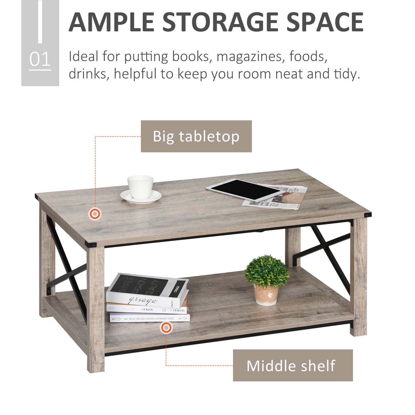 HOMCOM Industrial Coffee Table, Cocktail Table with Bottom Storage Shelf, Metal X-Bar for Living Room Bedroom