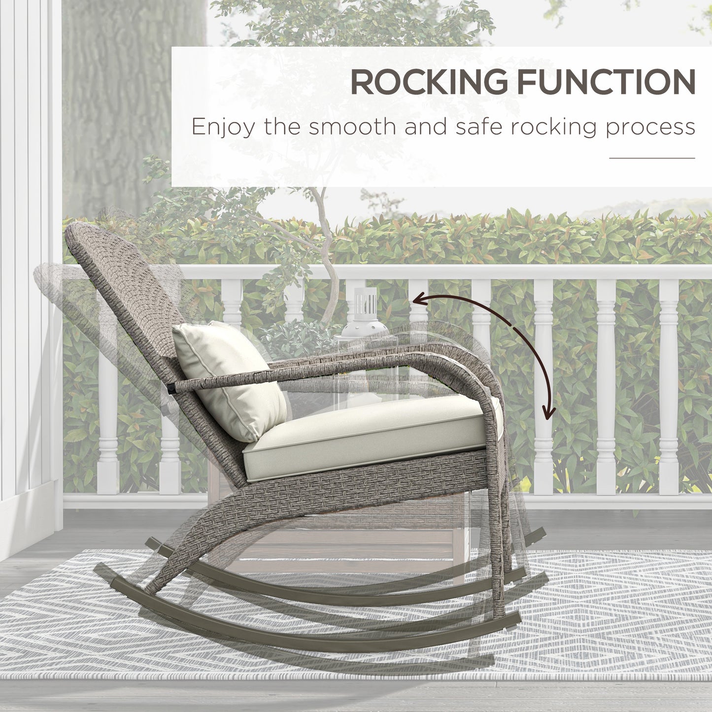 Outsunny Adirondack Chair, Outdoor Wicker Rocking Chair with High Back, Seat Cushion and Pillow for Porch, Balcony, Cream White