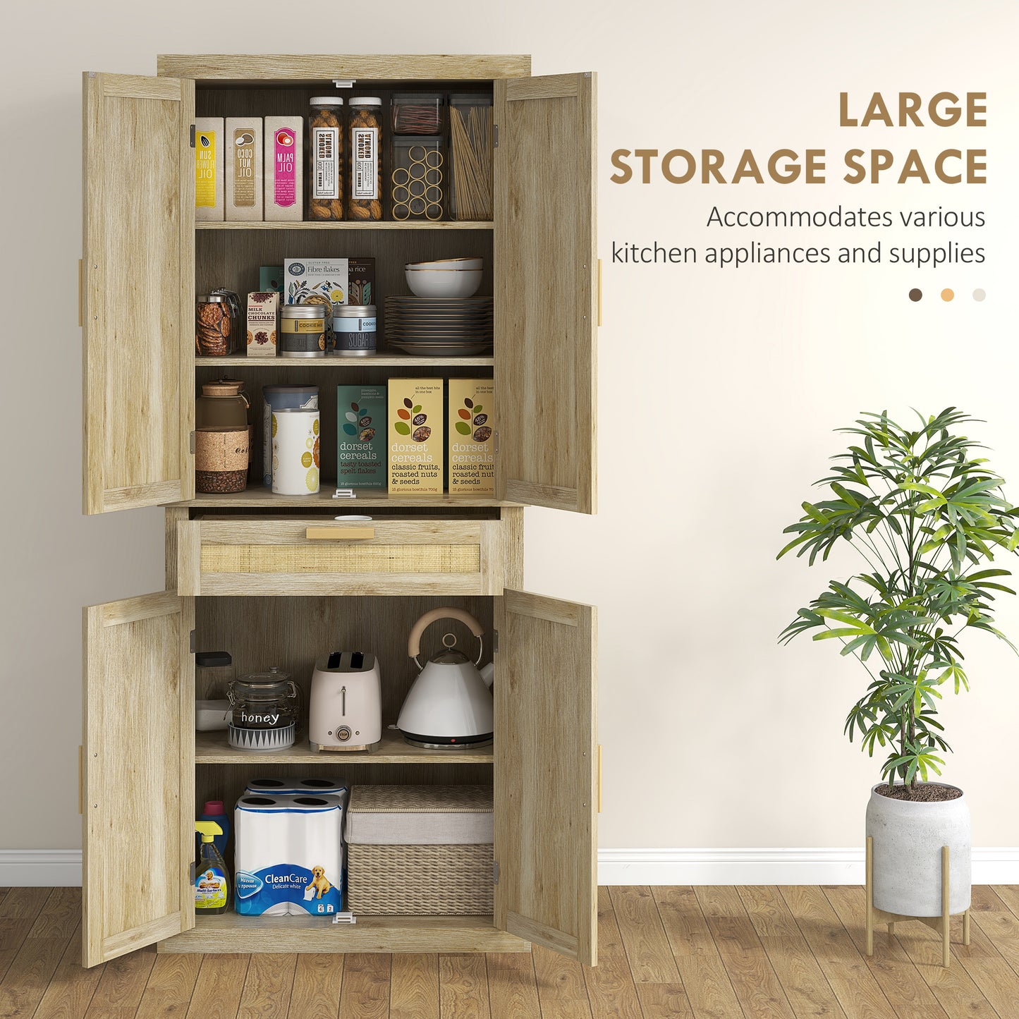 HOMCOM 72" Kitchen Storage Cabinet, Rattan Kitchen Pantry Cabinet with 4 Doors, Drawer, 5-Tier Shelf, Adjustable Shelves, Oak