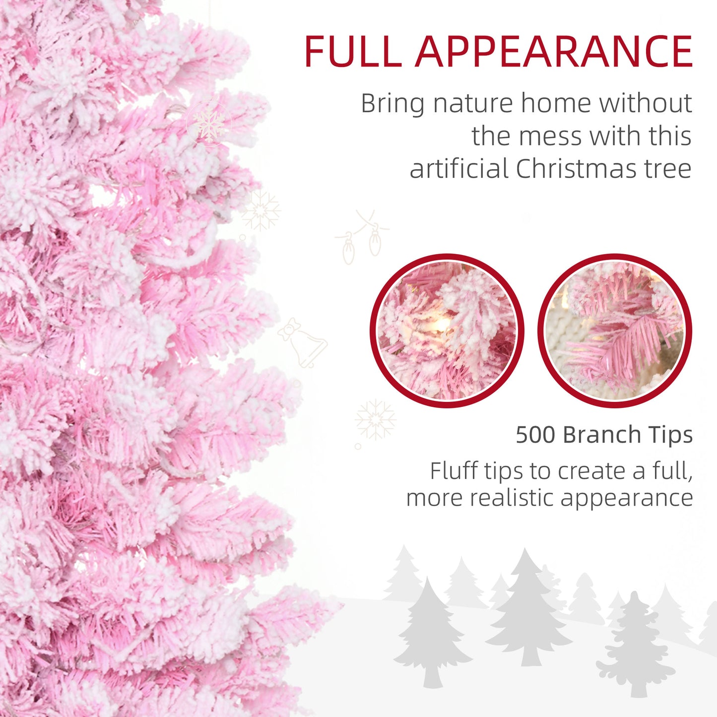 HOMCOM 6 Foot Prelit Snow Flocked Artificial Christmas Tree with Pencil Shape, 500 Pine Realistic Branches, Warm White LED lights, Auto Open, Pink and White