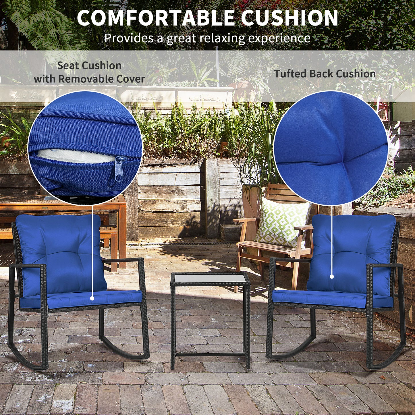 Outsunny 3 Pieces Rocking Bistro Set, Outdoor Wicker Patio Furniture with Glass Coffee Table and Outside Rocking Chairs for Porch, Conversation Sets with Thick Cushions, Blue
