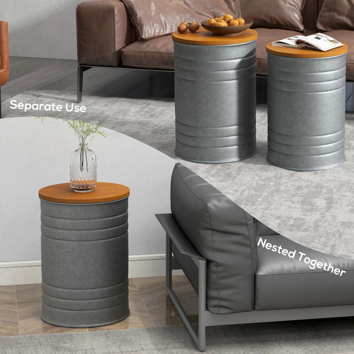 HOMCOM Round Side Table Set of 2, Nesting Coffee Tables w/ Wooden Lid, Metal Frame and Hidden Storage Space for Bedroom, Black
