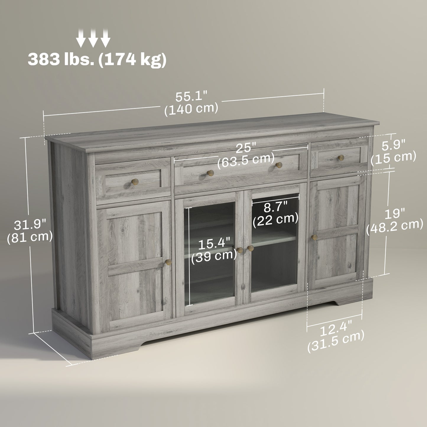 HOMCOM Sideboard Buffet Cabinet with Storage, Coffee Bar Cabinet with Glass Doors and Adjustable Shelves, Distressed White