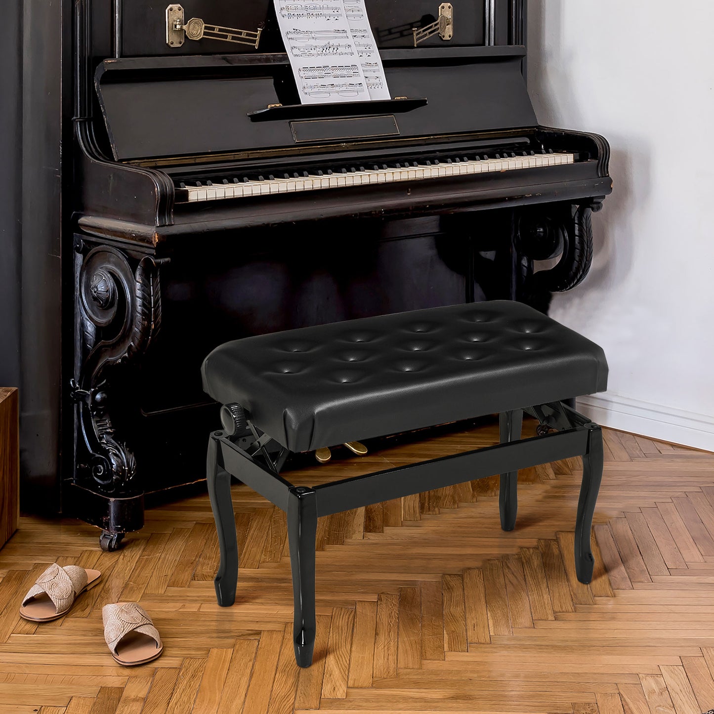 HOMCOM Adjustable Piano Bench with Storage and Soft PU Leather Padded, with Enough Music Storage Design, Black