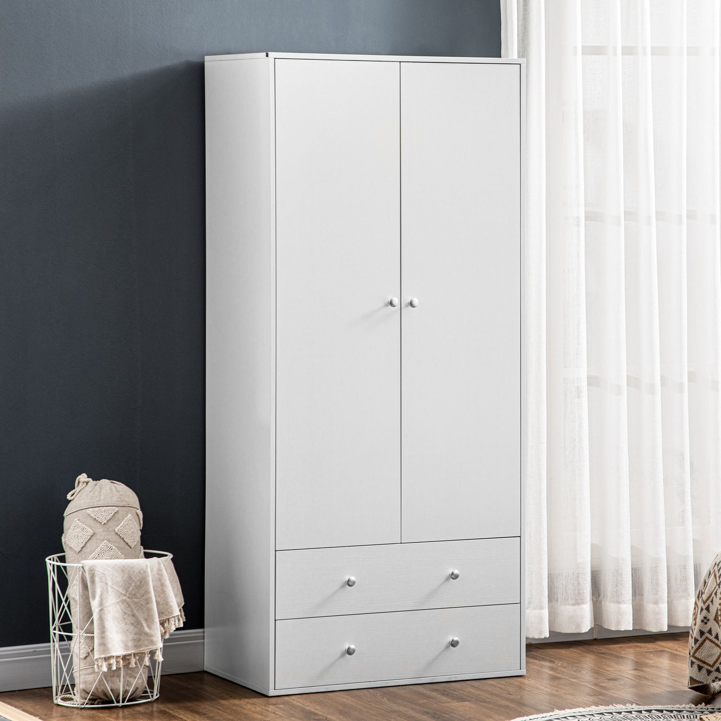 HOMCOM Modern Wardrobe Closet Armoire with 2 Drawers and Hanging Rod, Clothes Storage Organizer with Anti-tipping Design for Bedroom, White