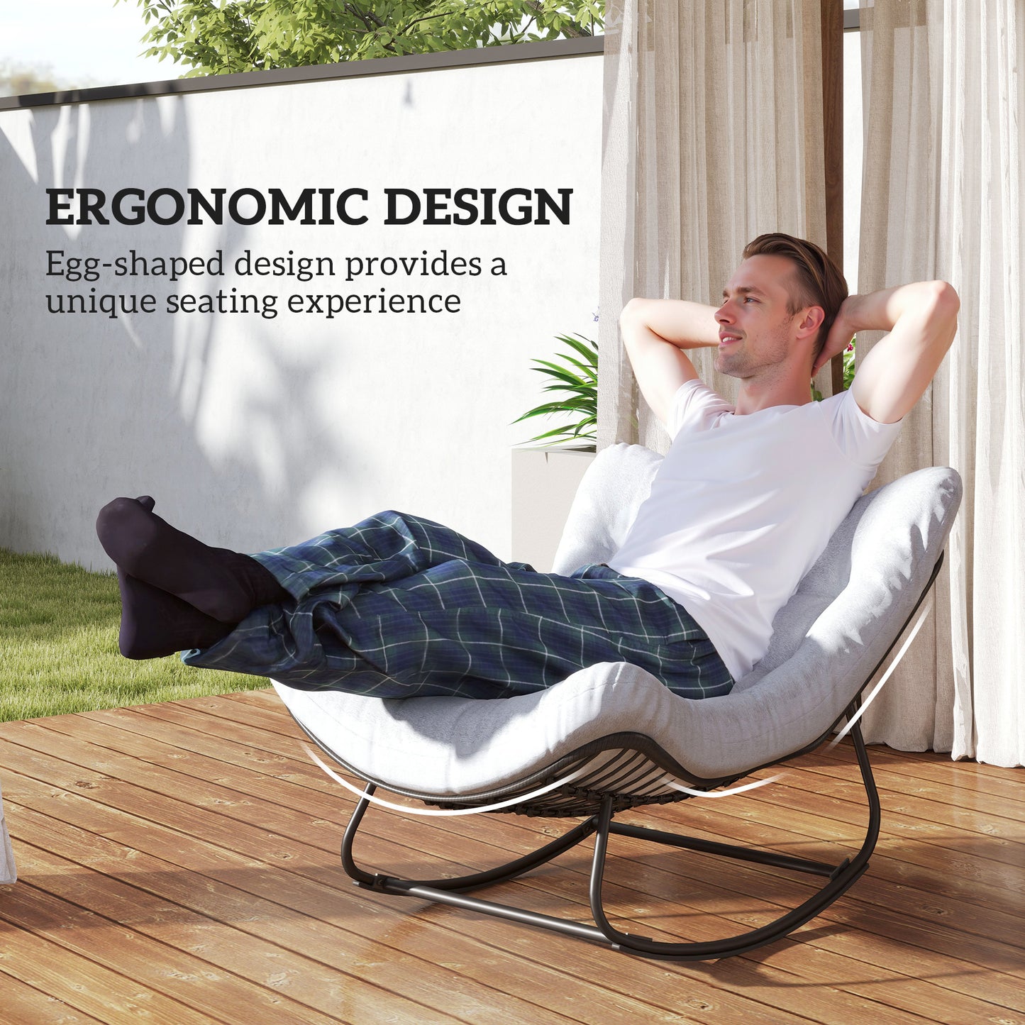 Outsunny Oversized Rattan Patio Egg Chair, Outdoor Rocking Chair with Padded Cushion for Indoor, Porch, Dark Grey