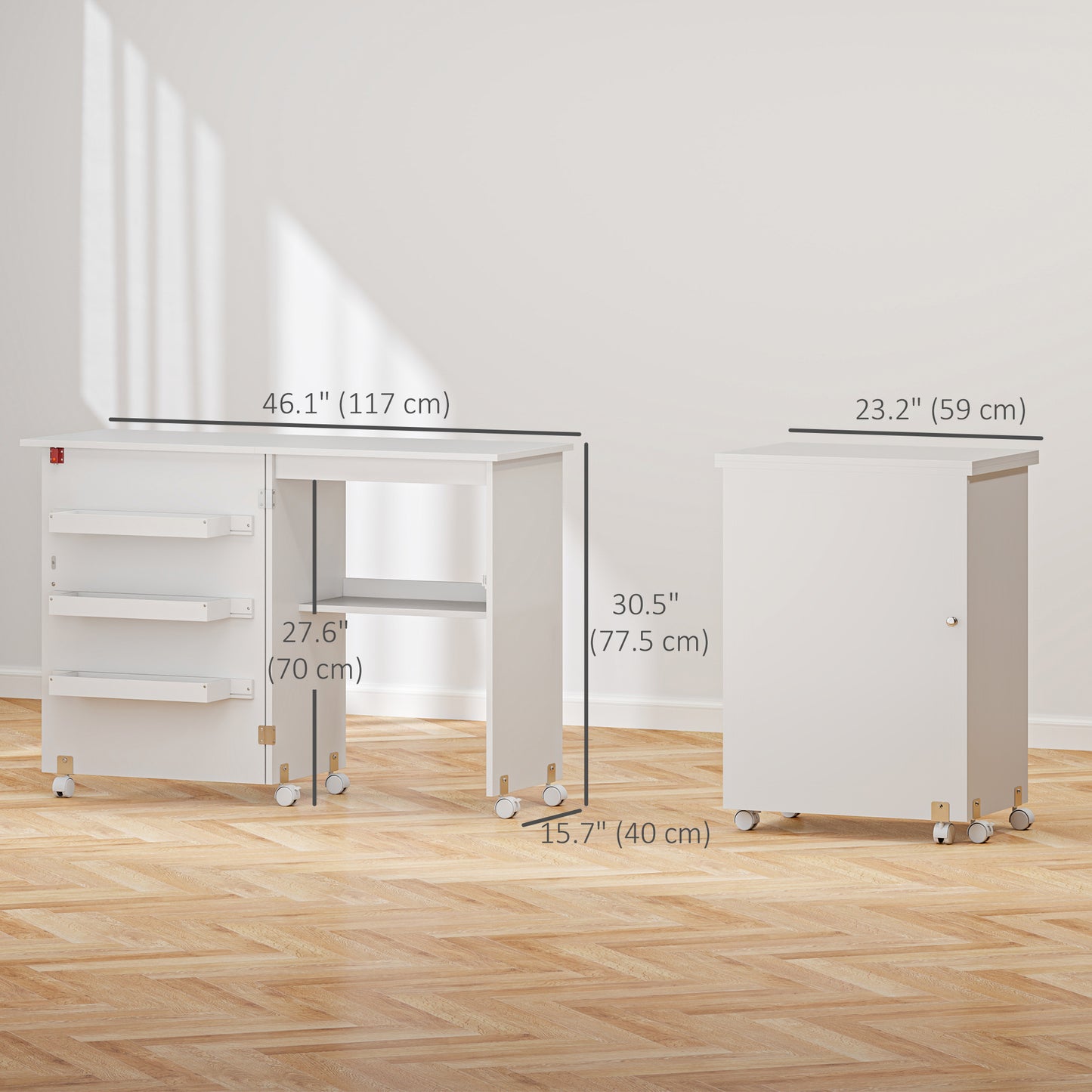 HOMCOM Sewing Machine Cabinet, Folding Sewing Table with Storage Shelf, Bins and Lockable Wheels for Small Space, White
