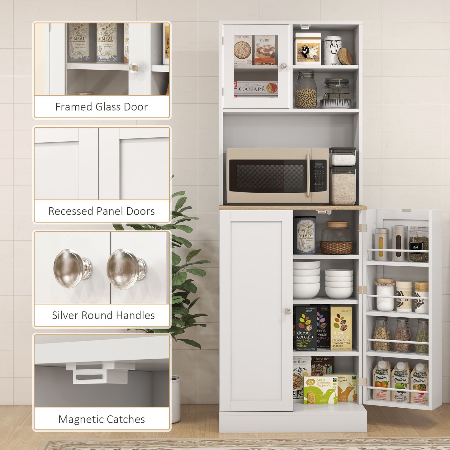 HOMCOM 66.5" Tall Kitchen Pantry Cabinet, Kitchen Hutch, Microwave Cabinet with Adjustable Shelves for Dining Room, White