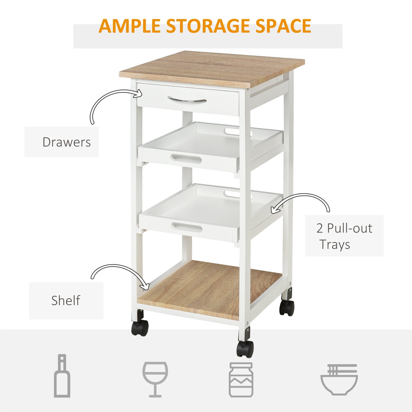 HOMCOM Bar Cart, 4-Tier Kitchen Cart with Removable Serving Tray, Kitchen Shelves on Wheels with Drawer for Dining Room, Living Room, White