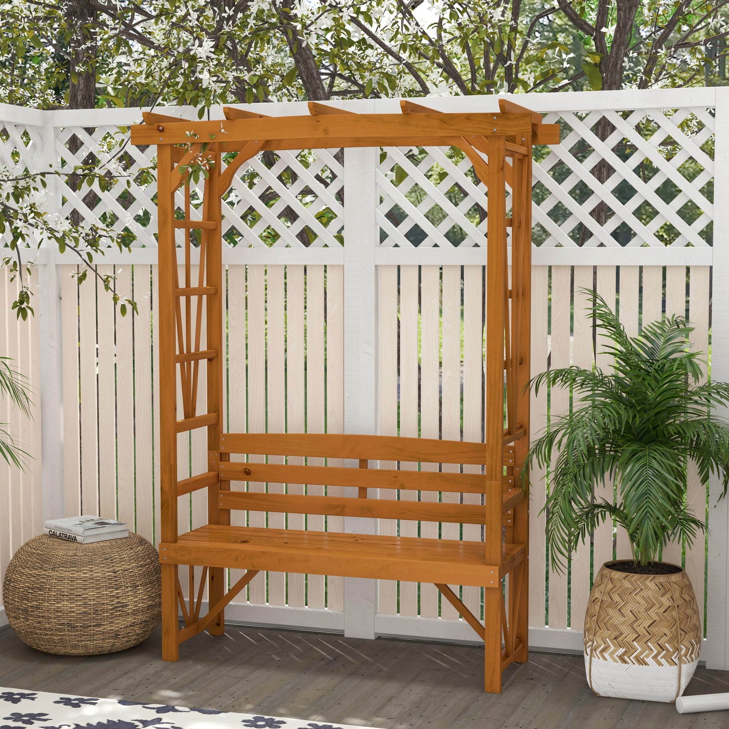 Outsunny Patio Wooden Bench, Outdoor Bench for Vines/Climbing Plants, Light Brown