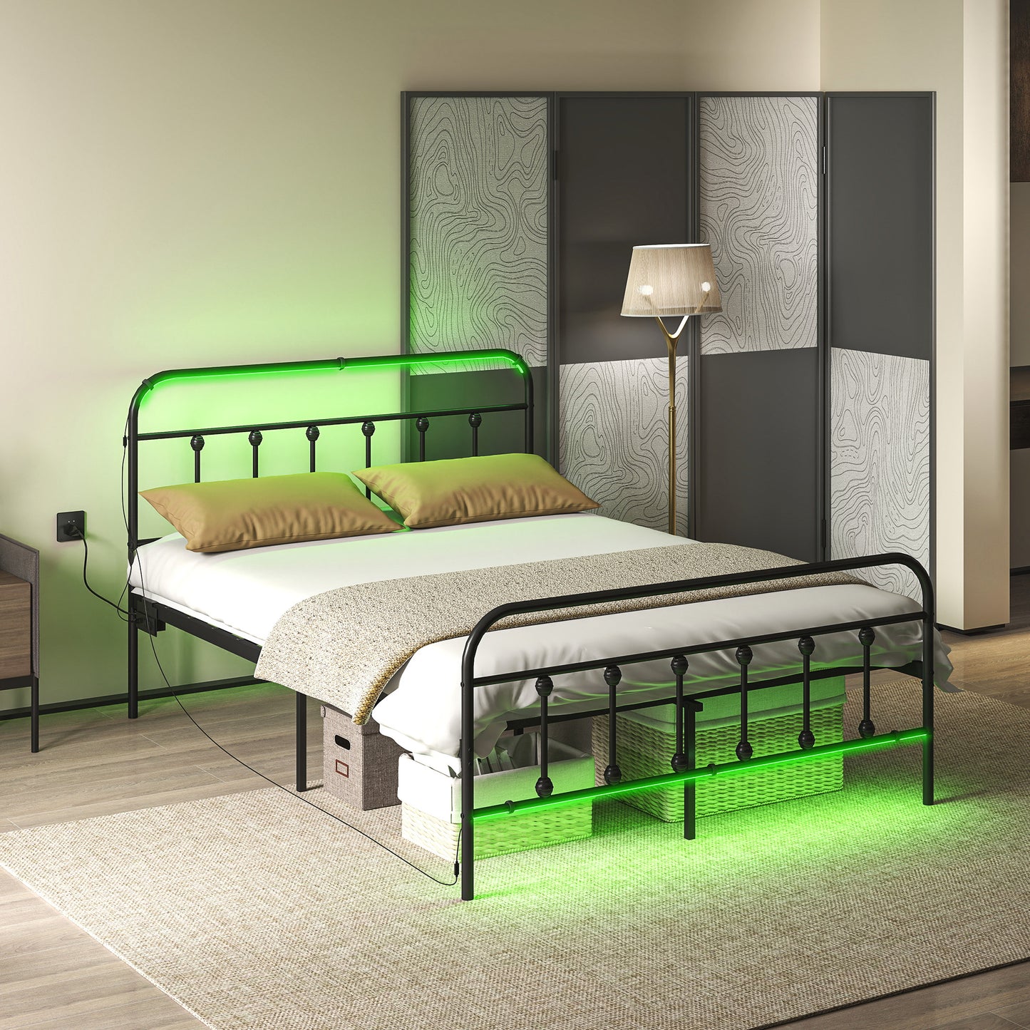 HOMCOM Full Bed Frame with LED Lights and Charging Station, Metal Platform Bed Frame with Under Bed Storage, Black