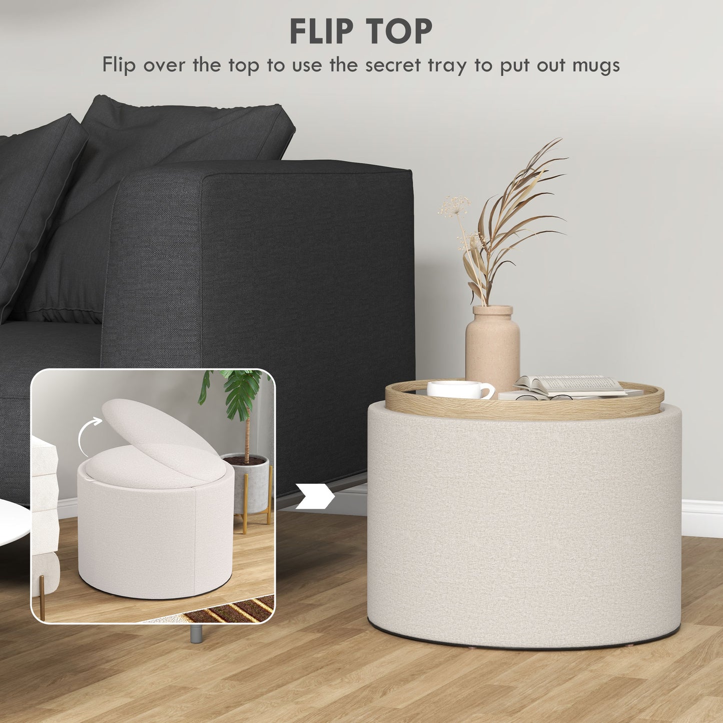 HOMCOM Round Coffee Table, End Table with Hidden Storage and Tray Top, Linen Upholstered Footrest for Living Room