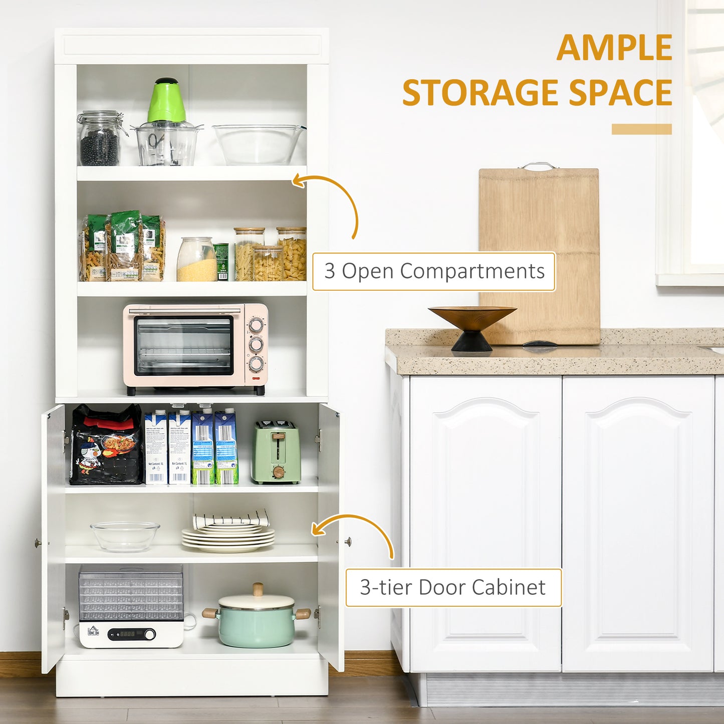 HOMCOM 72" Kitchen Buffet with Hutch, Freestanding Cupboard, Pantry with 6-Tier Shelving, 2 Doors Cabinet with Adjustable Shelves, White, Wood Grain