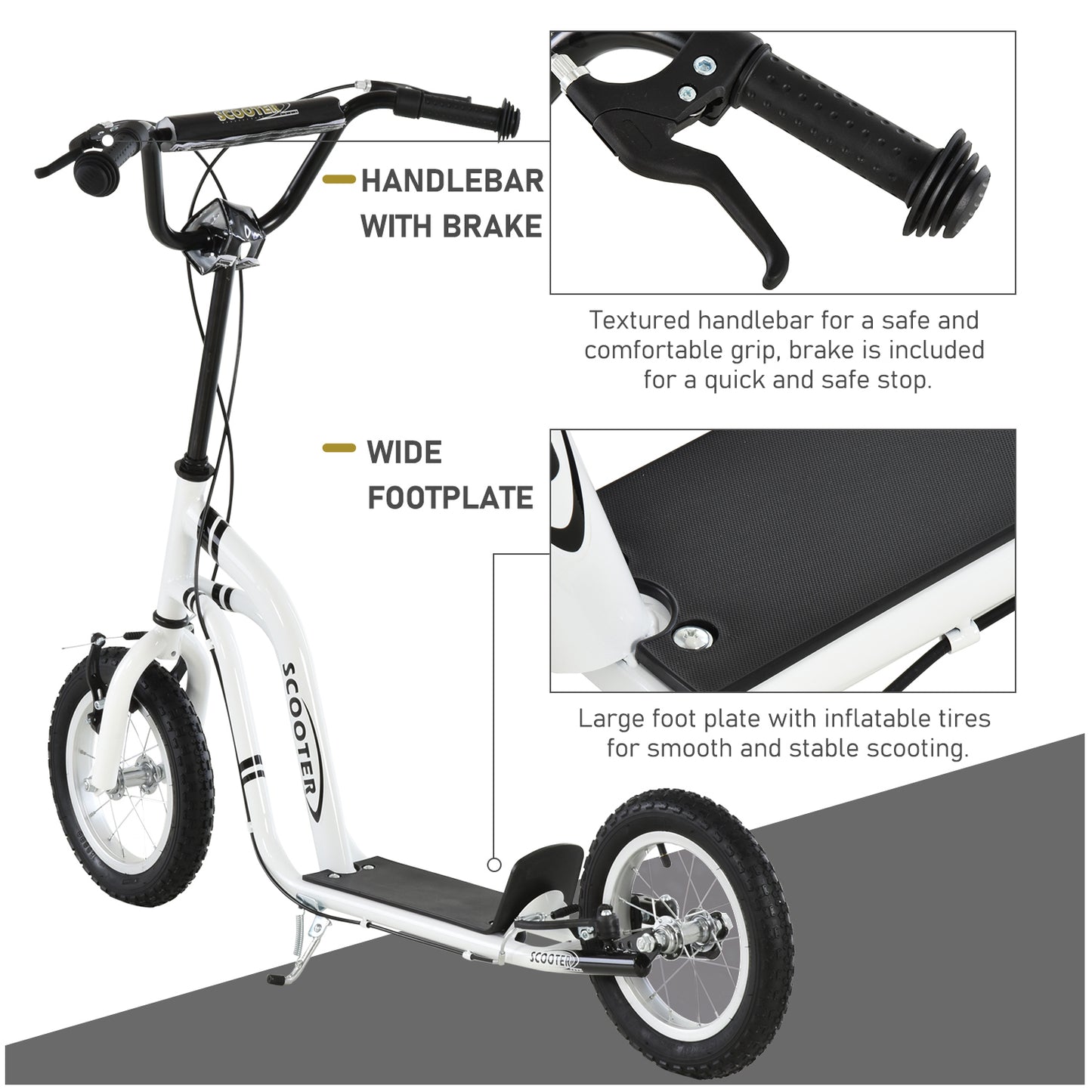 Aosom Dual Brakes Kick Scooter 12-Inch Inflatable Front Wheel Ride On Toy for Age 5+, Black
