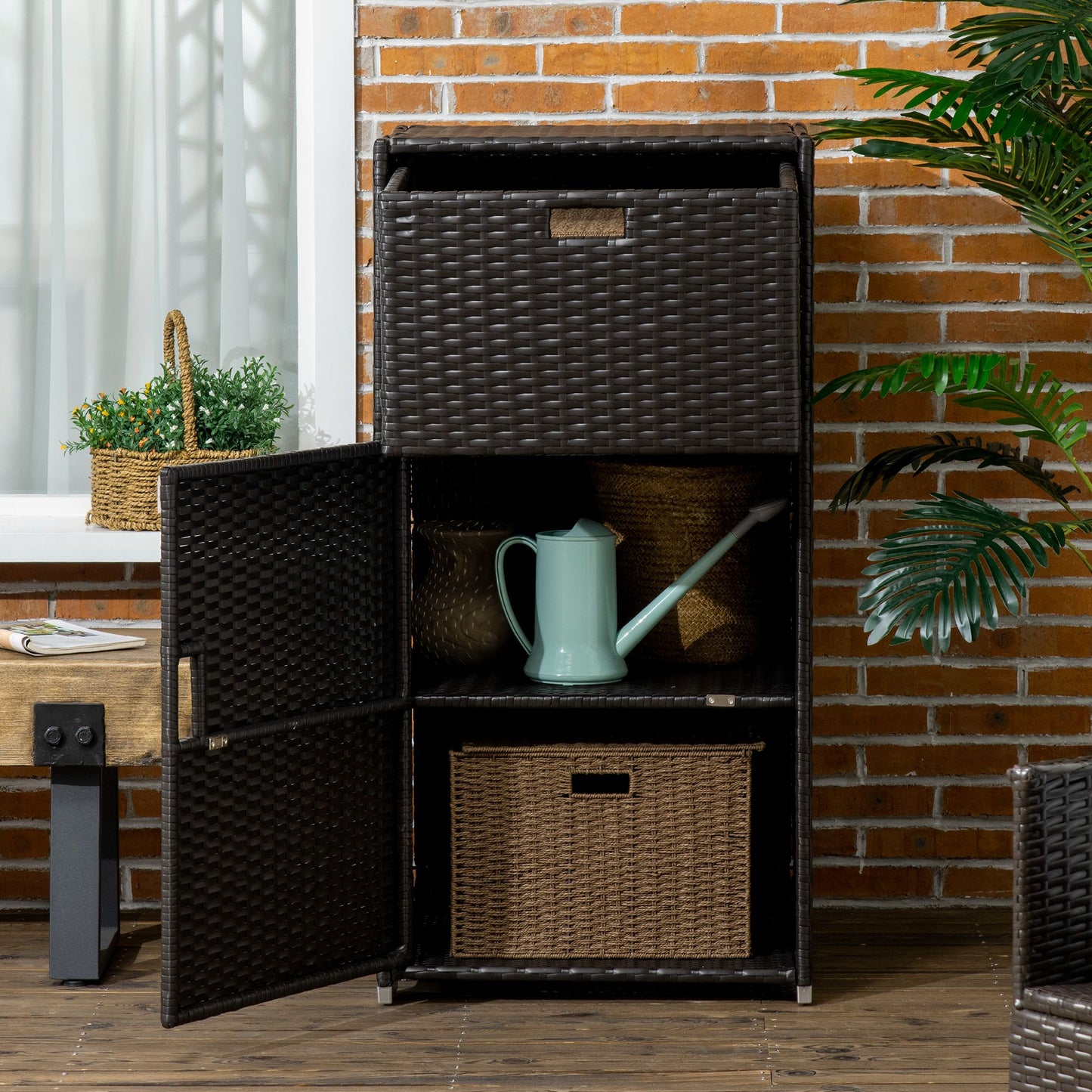 Outsunny Patio Storage Cabinet, Outdoor Towel Rack for Pool, Waterproof PE Rattan Wicker, Hot Tub Accessory, with Basket Drawer, Mixed Grey