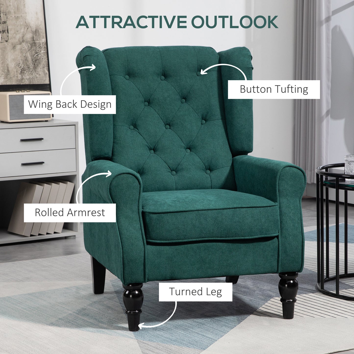 HOMCOM Fabric Accent Chair, Button Tufted Armchair, Upholstered Modern Living Room Chair, Wingback Chair with Wood Legs, Rolled Arms, Thick Padding for Bedroom, White