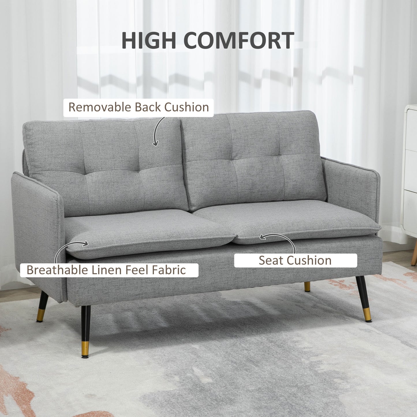 HOMCOM 55" Loveseat Sofa for Bedroom, Modern Love Seats Furniture with Button Tufting, Upholstered Small Couch for Living Room, Small Space, Grey