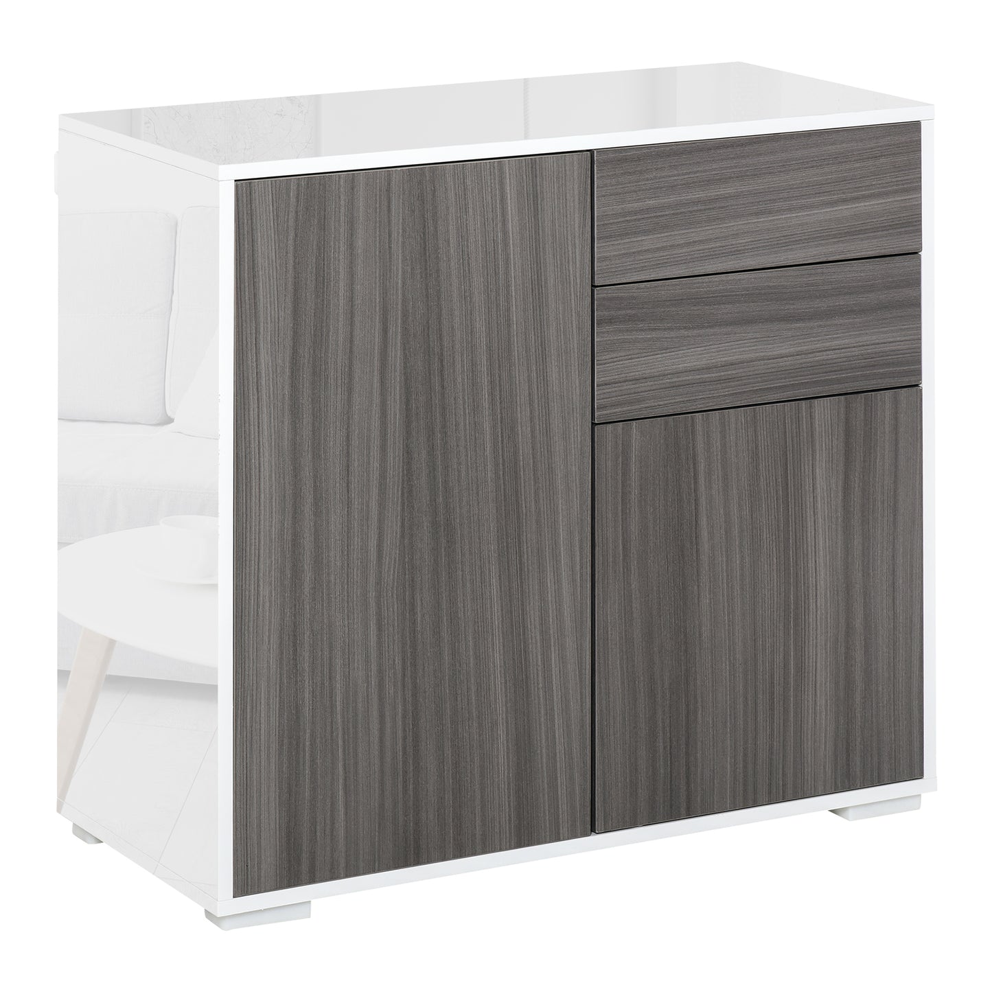 HOMCOM High Gloss Buffet Sideboard with 2 Drawers, 2 Doors and Adjustable Shelf, Kitchen Storage Cabinet with Push Open Design, White