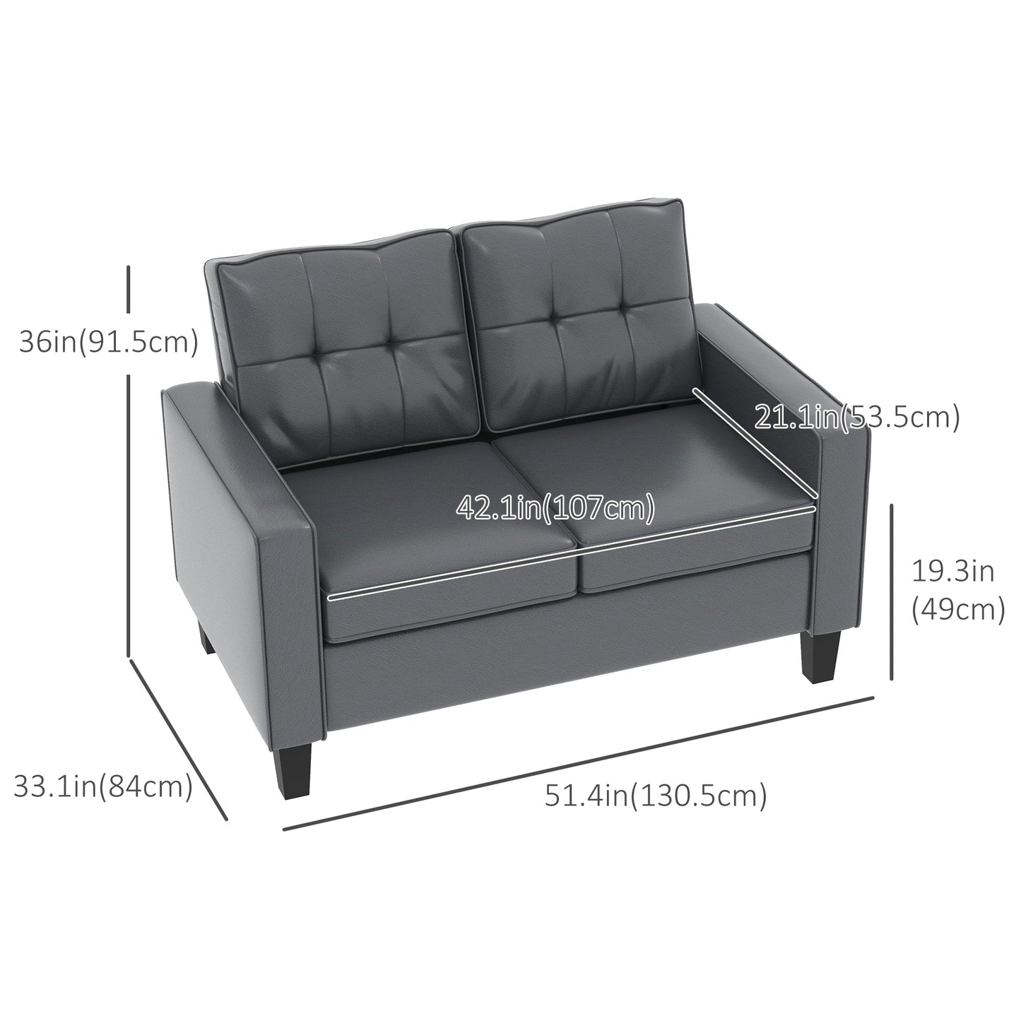 HOMCOM 51" PU Leather Loveseat, Upholstered Double Sofa Couch with Armrests, Tufted Backrest, Pocket Spring and Sponge Padded Cushion for Living Room, Bedroom, Home Office, Brown