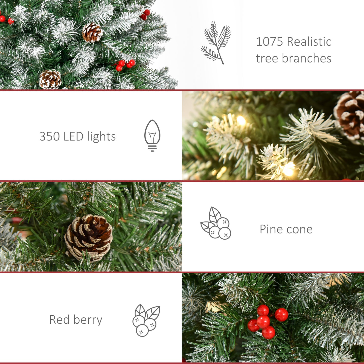 HOMCOM 7.5ft Artificial Christmas Tree, Flocked Christmas Tree with Pine Cones, 1119 Branch Tips and Metal Base, Green