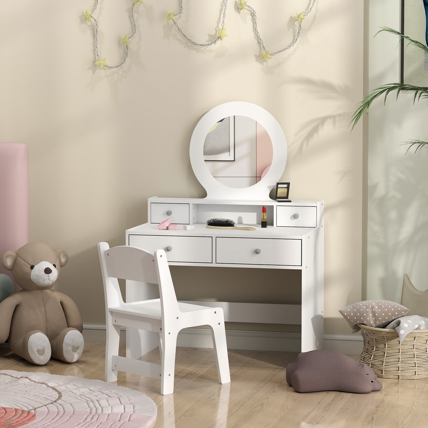 Qaba Kids Vanity Set, Dual-Use Dressing Table with Removable Tri-Folding Mirror and Drawer, for Ages 3-8, Pink
