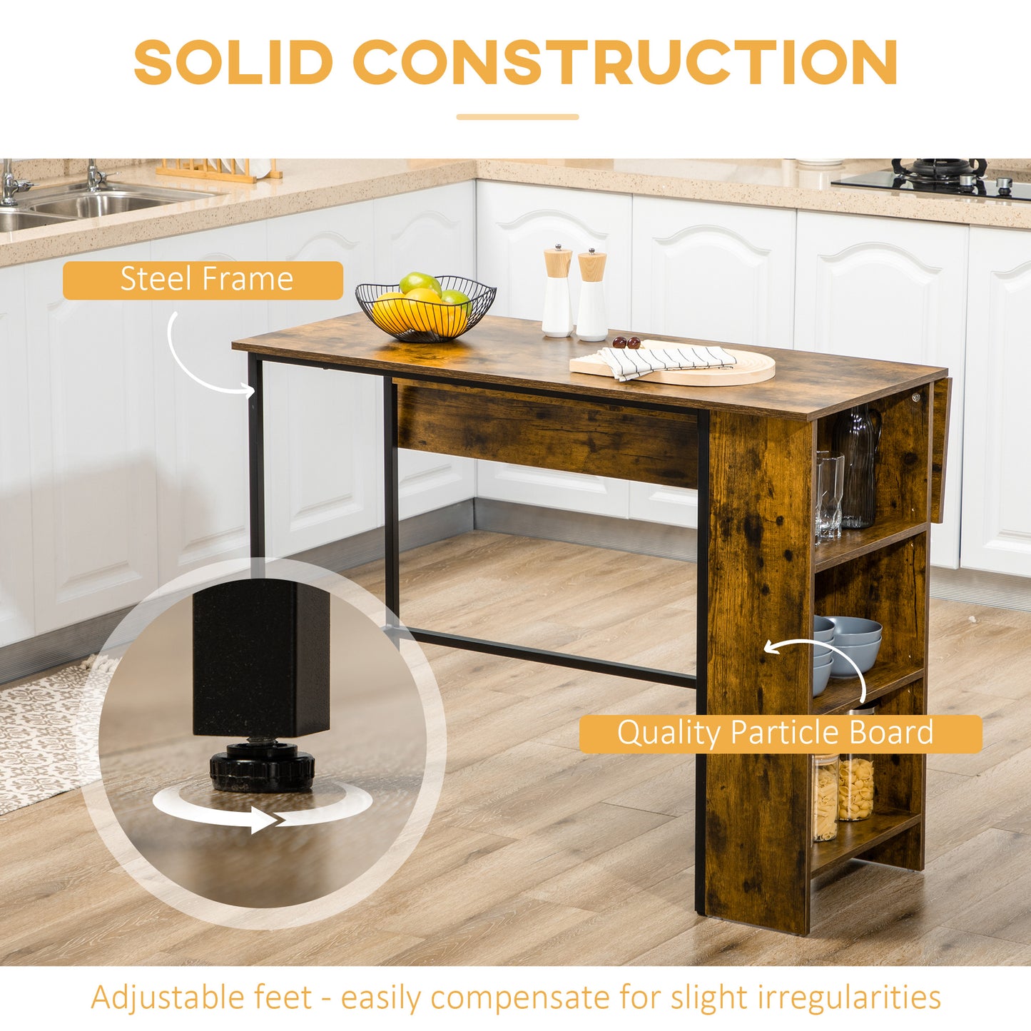 HOMCOM Counter Height Table with Drop Leaf, Extendable Bar Table with Adjustable Storage Shelf, Rustic Brown
