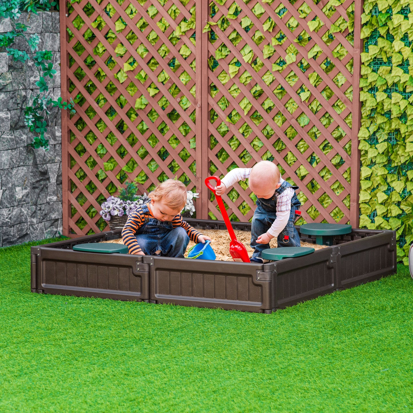 Outsunny Kids Outdoor Sandbox with Canopy, Bottom Fabric Liner, Brown