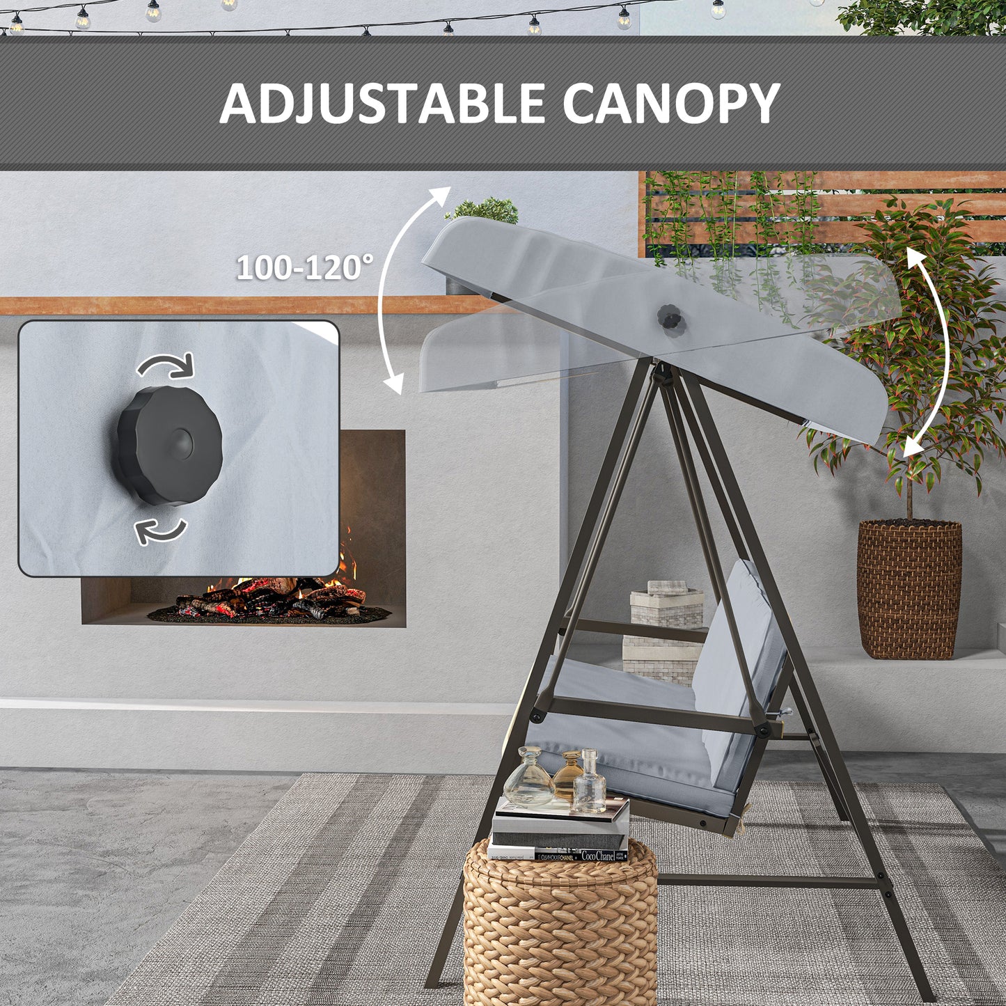 Outsunny 3 Seater Patio Swing Chair, Porch Swing with Adjustable Canopy and Removable Cushions, Outdoor Swing Seat, Beige