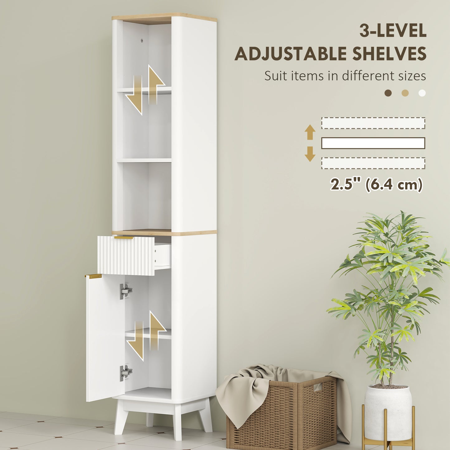 HOMCOM 67" Tall Bathroom Cabinet, Narrow Bathroom Storage Cabinet with 3 Open Shelves, Drawer and 2 Adjustable Shelves, White