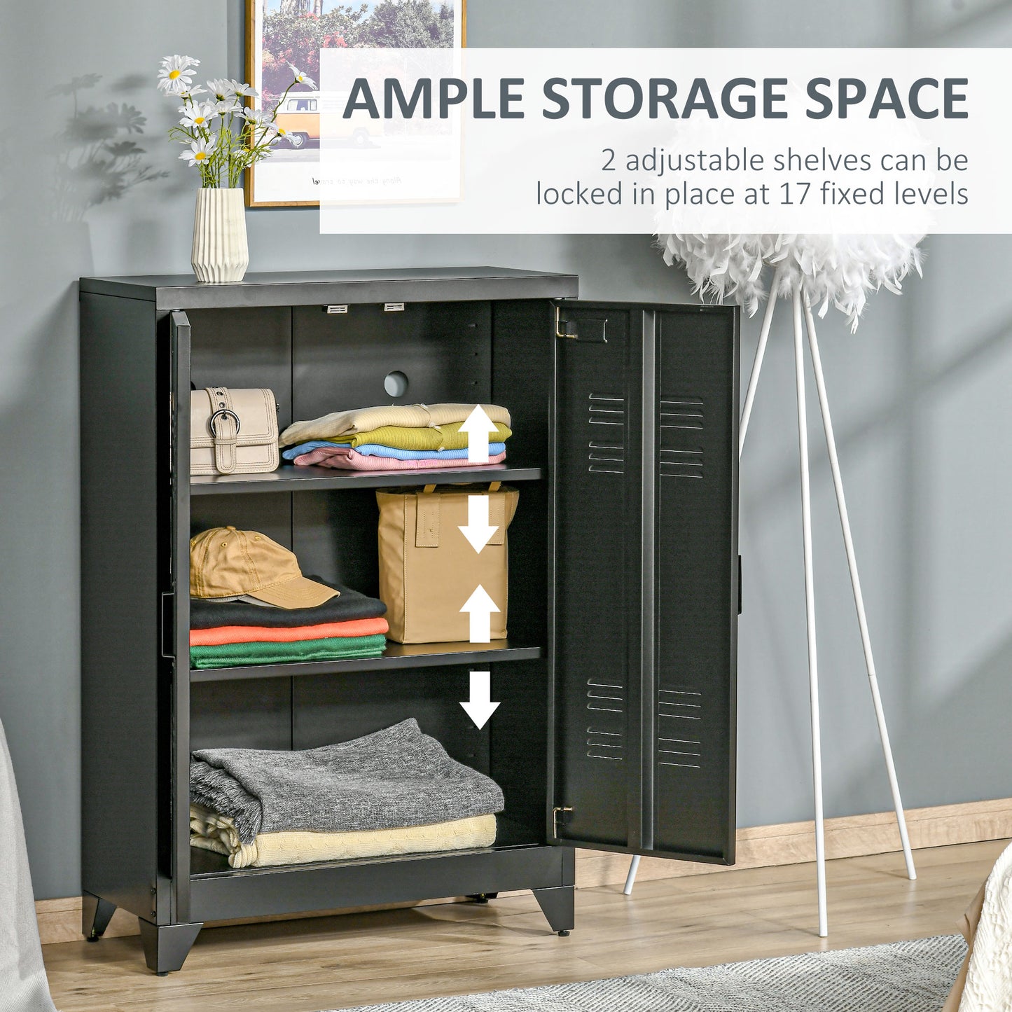 HOMCOM Metal Storage Cabinet, Industrial Sideboard Buffet Cabinet with 2 Louvered Doors, Adjustable Shelves, Grey