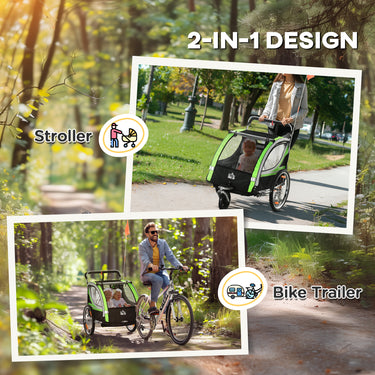 Aosom 2 Seat Bike Trailer for Kids 2-in-1 Double Baby Jogging Stroller with Handbrake, Rubber Wheels, 5 Point Harness, Waterproof Cover, Storage Bag, Reflectors, Green