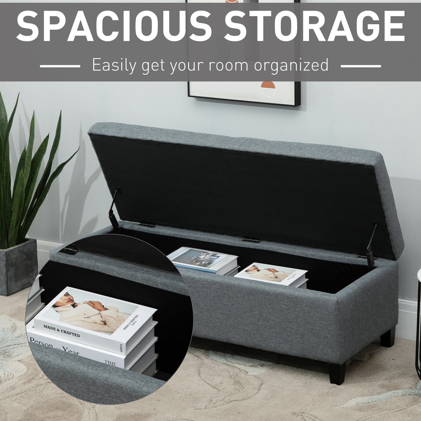 HOMCOM Rectangular Entry Bench, Tufted Upholstered Linen Fabric Wood Feet Storage Ottoman Bench, Beige