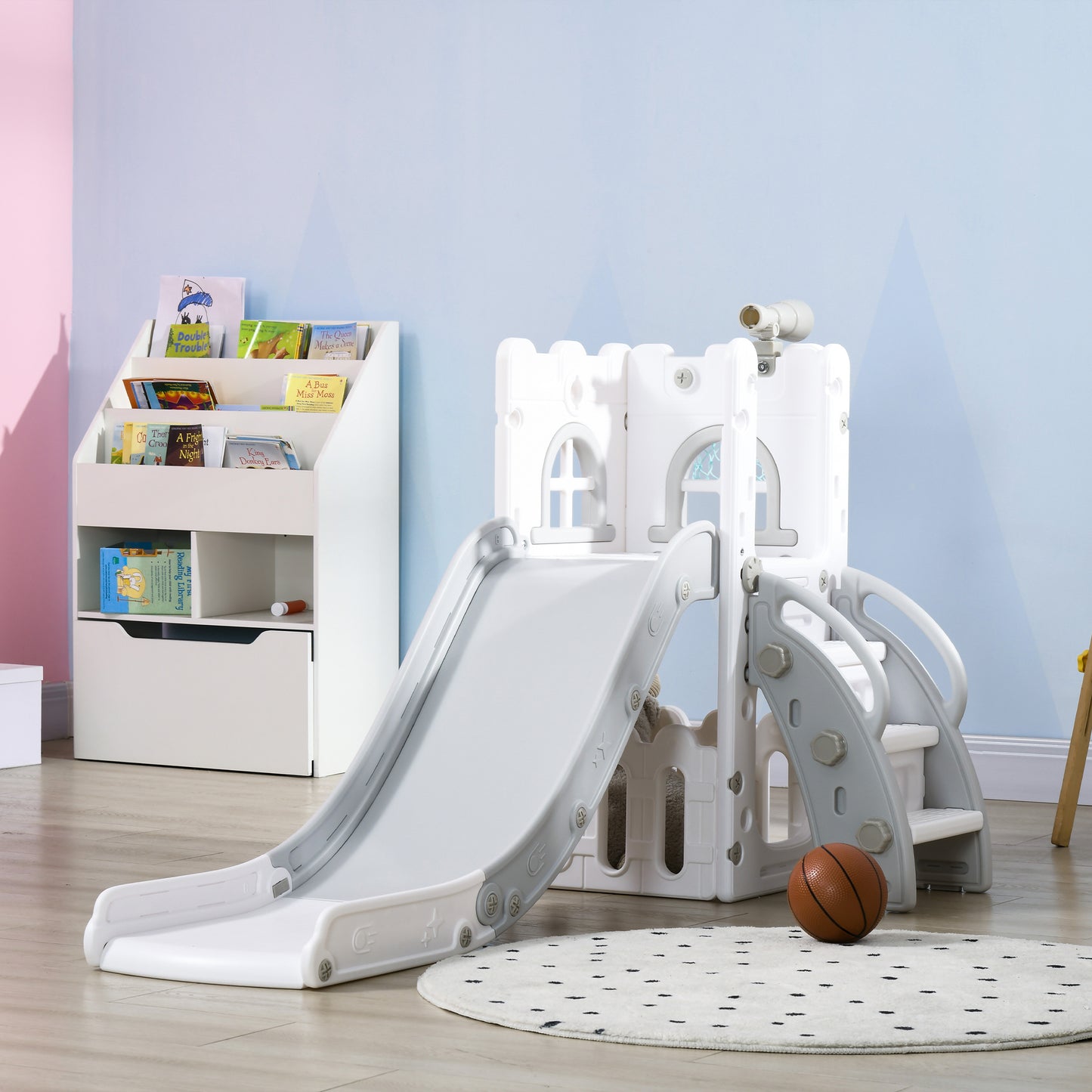 Qaba 4 in 1 Toddler Slide with Basketball Hoop, Climber, Telescope, Storage Basket, for 1-3 Years Kids Indoor Use, Yellow