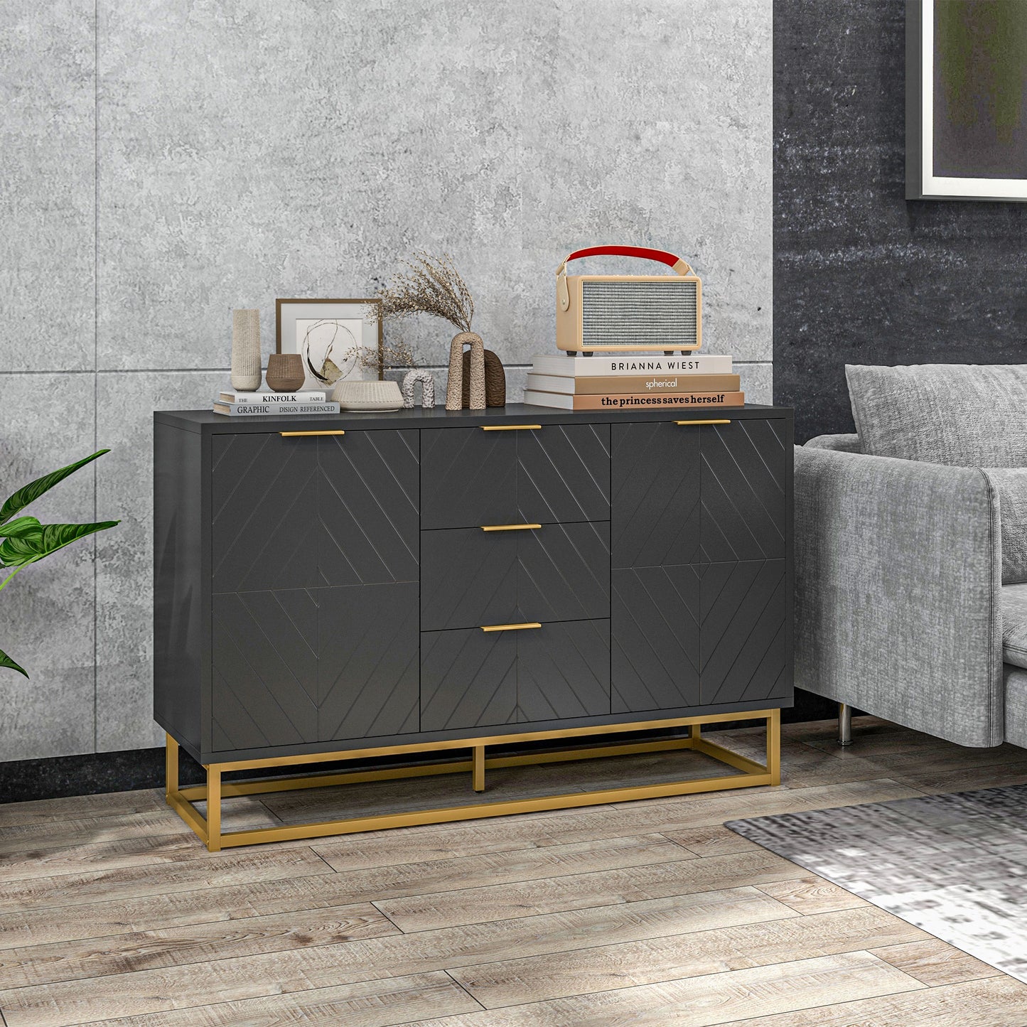 HOMCOM 47" Sideboard Buffet Cabinet with Storage, Contemporary Buffet Cabinet with Adjustable Shelves and Metal Legs, Kitchen Storage Cabinet with Elevated Base, White