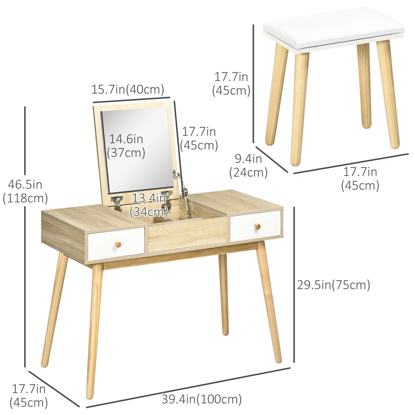 HOMCOM Makeup Vanity Desk with Flip Top Mirror and Cushioned Stool, Dressing Table Writing Desk with 2 Drawers and Storage Grids for Bedroom (White)