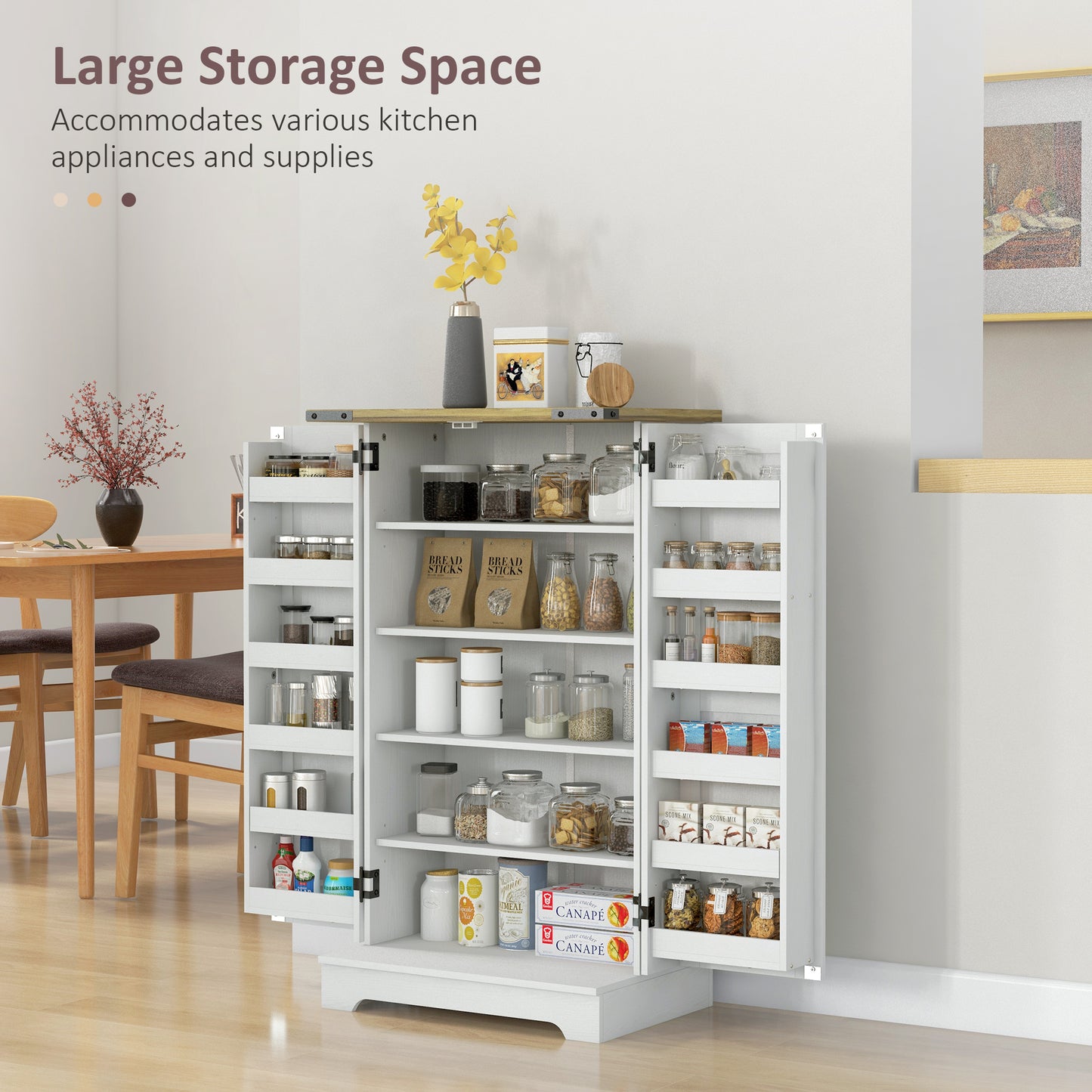 HOMCOM Farmhouse Kitchen Pantry Storage Cabinet, Kitchen Pantry Cabinet with Doors and Adjustable Shelves, White