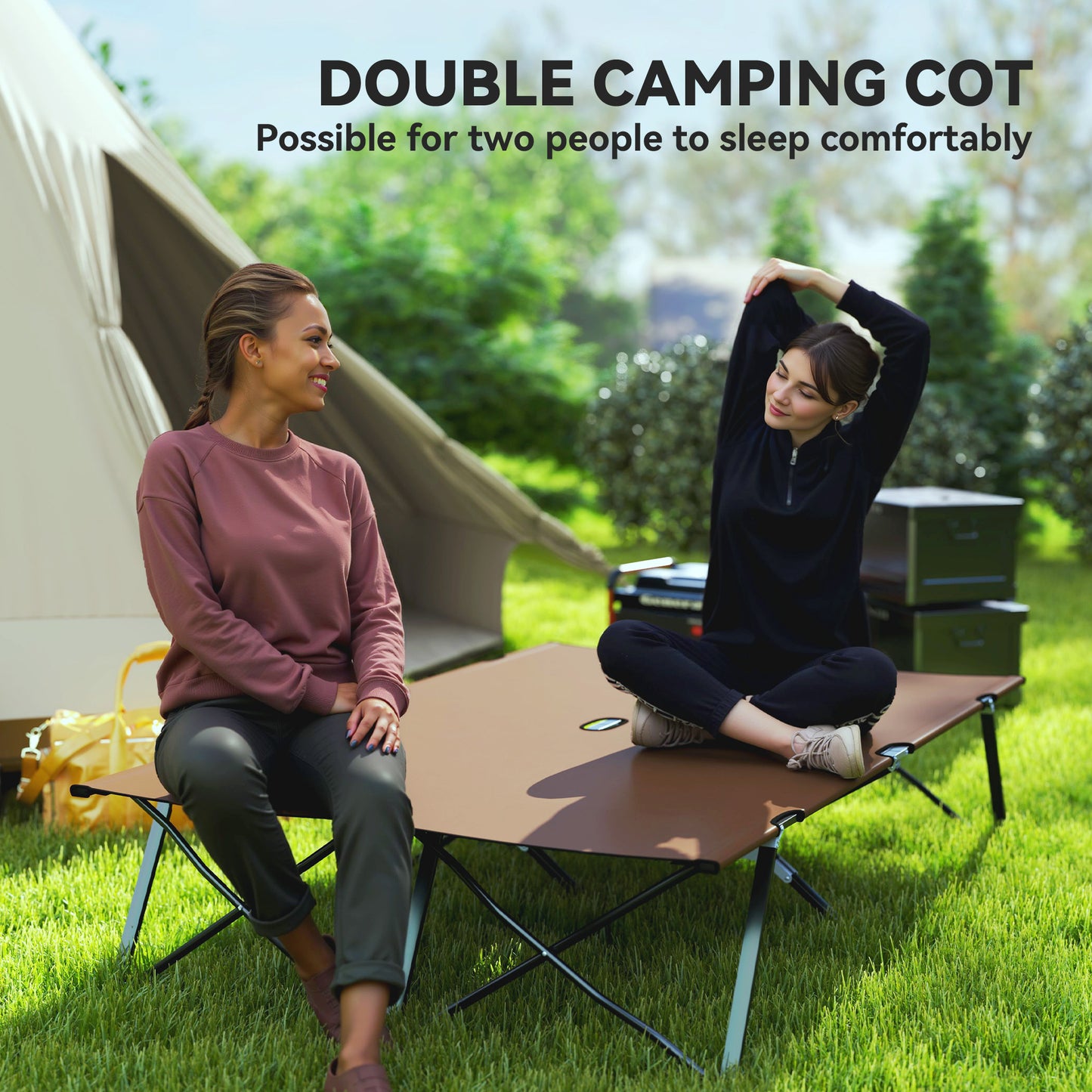 Outsunny 76" Two Person Folding Camping Cot Outdoor Portable Double Cot Wide Military Sleeping Bed w/ Carrying Bag Blue