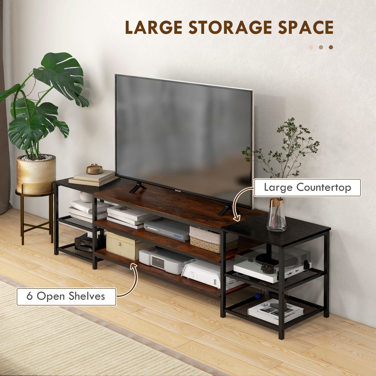 HOMCOM Industrial TV Cabinet for TVs Up to 60", TV Stand with Open Shelf Storage, Media Console with Steel Frame, Rustic Brown