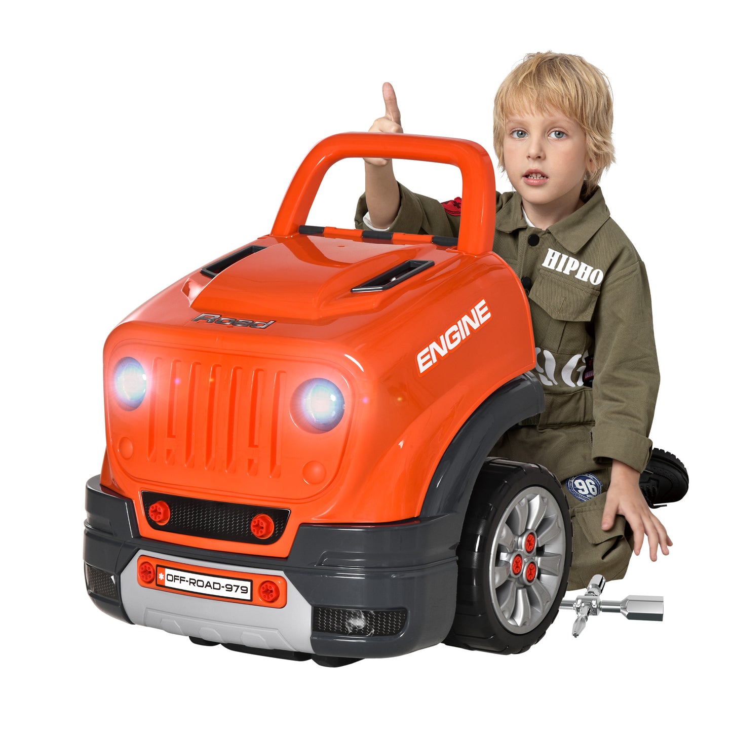 Qaba Kids Truck Engine Toys for Boys Girls 3 4 5 Years Old, Toddlers Construction Educational Repair Car Tool Set with Light and Sound, Orange