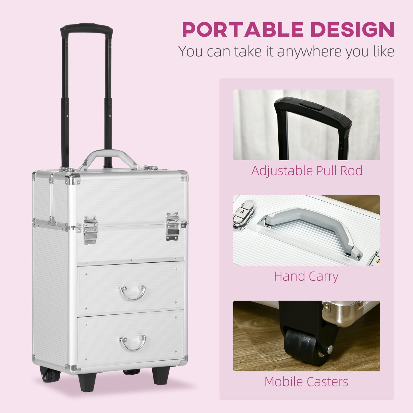 HOMCOM Rolling Makeup Train Case, Large Storage Cosmetic Trolley, Lockable Traveling Cart Trunk with Folding Trays, Swivel Wheels